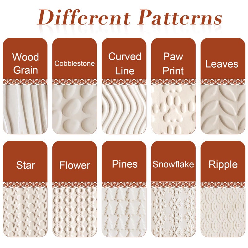 Lzttyee Set of 10 Wooden Handle Pottery Tools Clay Modeling Pattern Rollers Kit Brown (Set of 10) - Image 3